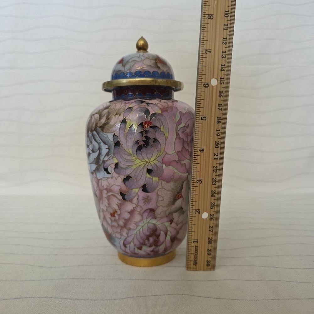 Vintage Asian Gingar Jar Vase Urn Multicolor Floral With Metal Inlay - Picture 4 of 8